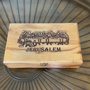 Jerusalem Olive Wood Box & 3 Olive Wood Coasters included